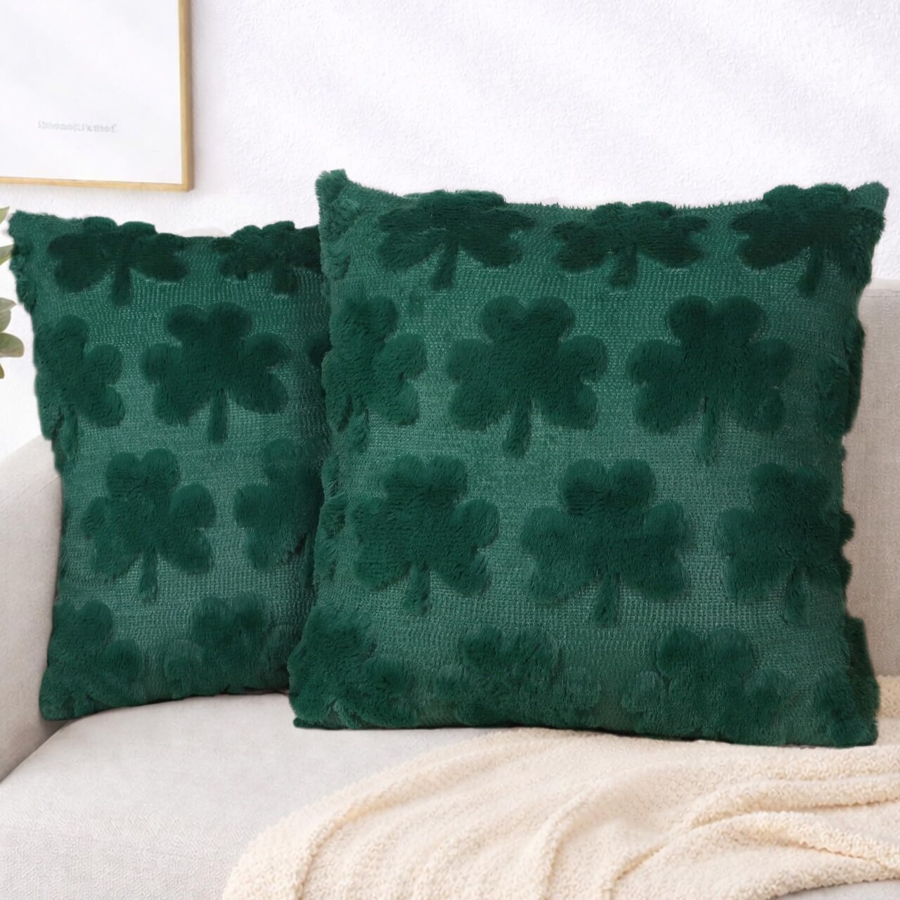 St Patricks Day Pillow Covers 18x18 Set of 2, Green Shamrock Plush Pillow Cases for Living Room Sofa Cushion Outdoor Indoor Holiday Home Decor